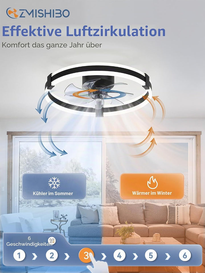 ZMISHIBO Deckenventilator mit Licht 51 cm Schwarz,Deckenventilator mit Beleuchtung,leise DC Motor,6