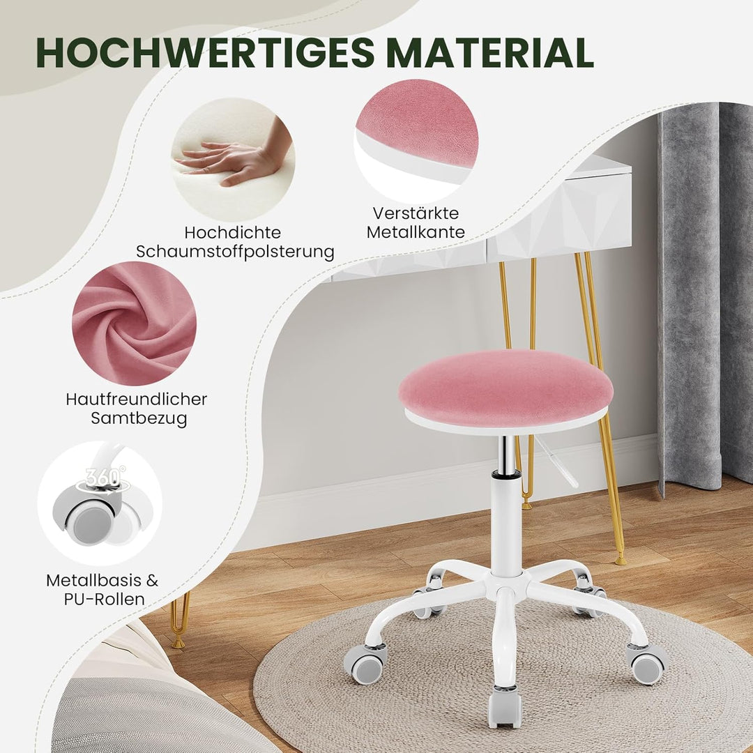 EUGAD Schminkhocker höhenverstellbar, Drehhocker mit Rollen, runder Hocker 360° drehbar, für Ankleid