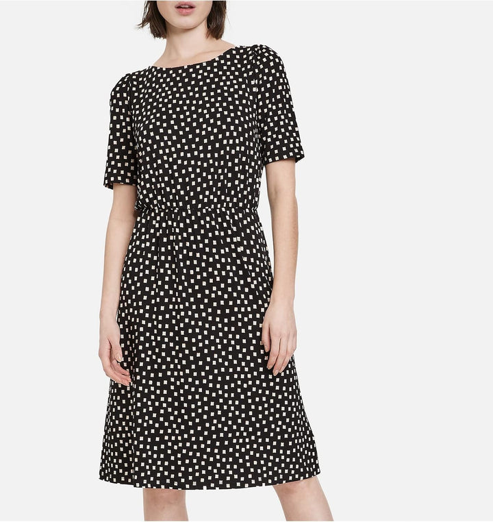 Taifun Damen Jerseykleid mit grafischem Allover-Print halber Arm Gemustert knieumspielend 34 Schwarz