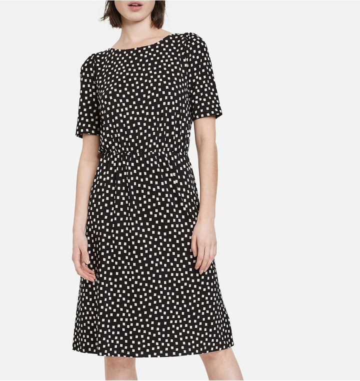 Taifun Damen Jerseykleid mit grafischem Allover-Print halber Arm Gemustert knieumspielend 34 Schwarz