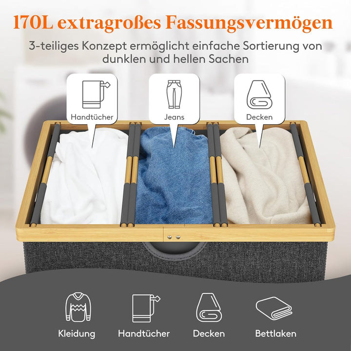 Lifewit 170L Bambus Wäschekorb mit Deckel, Faltbar Wäschesammler 3 Fächer Wäschesortierer mit Abnehm