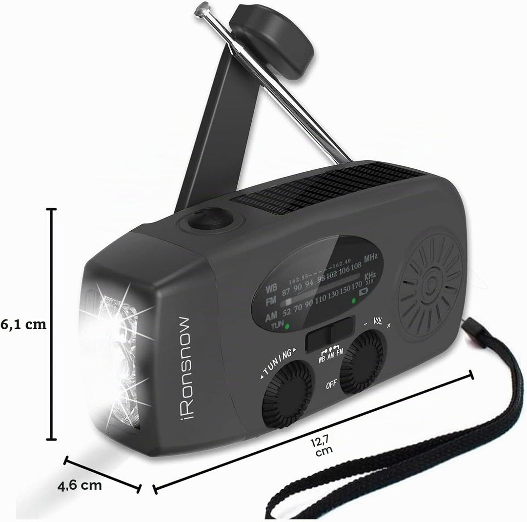 iRonsnow Notfall-Solarradio, Tragbare Kurbelradio mit LED-Taschenlampe, SOS-Alarm, AM/FM/WB Solar Wi