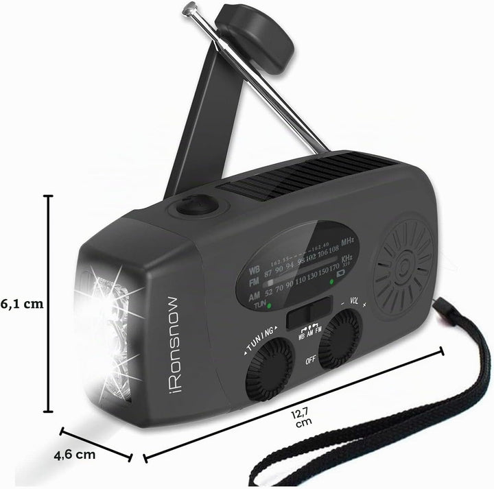 iRonsnow Notfall-Solarradio, Tragbare Kurbelradio mit LED-Taschenlampe, SOS-Alarm, AM/FM/WB Solar Wi