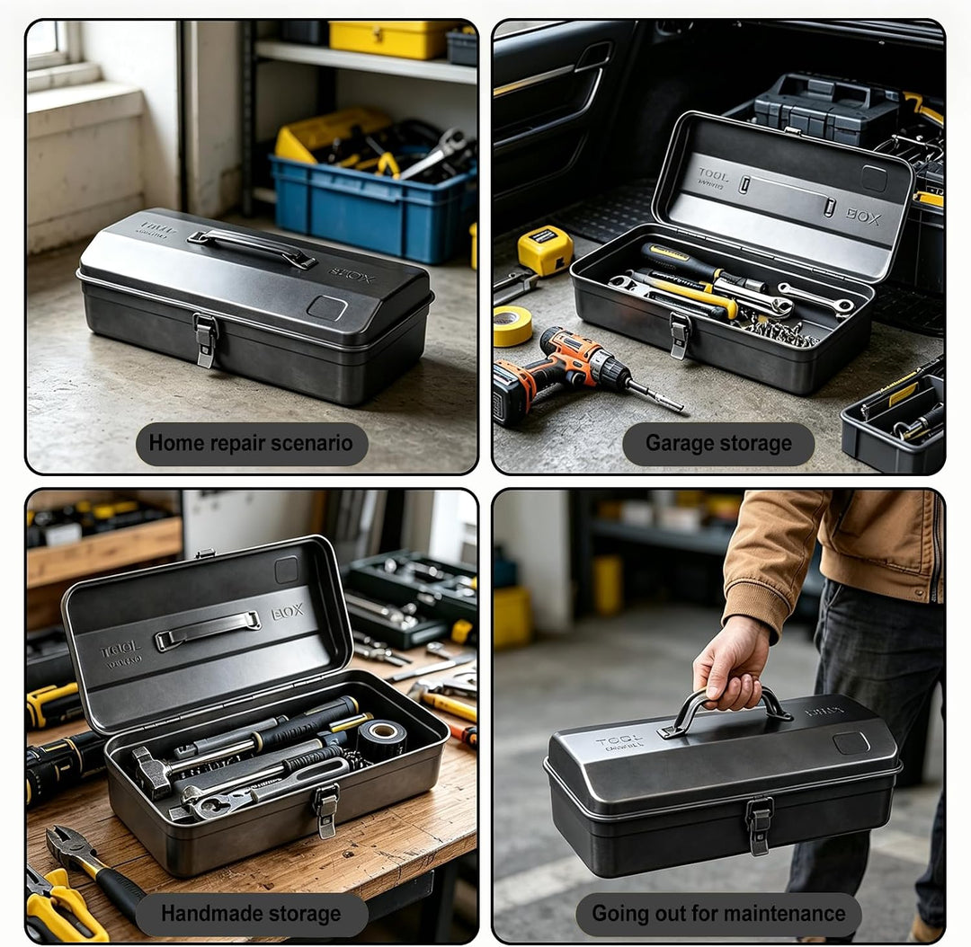 Werkzeugkoffer Metall Werkzeugbox Grosse Grösse 37×16×12cm, Robust Langlebig Metall Werkzeugkasten,