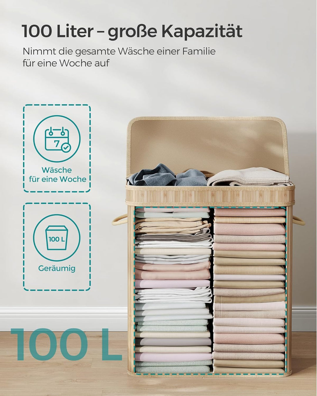 SONGMICS Wäschekorb mit Deckel, Wäschesammler Bambus, Wäschesack herausnehmbar und maschinenwaschbar