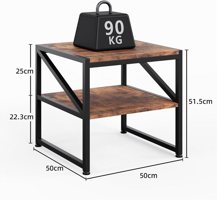 Beistelltisch Wohnzimmer 50x50 cm, Couchtisch mit 2 Ebenen bis 90 kg belastbar, Industrie-Design Sof