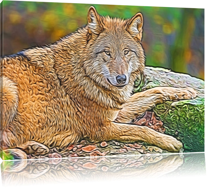 stolzer Wolf auf Stein Deluxe Format: 100x70 cm auf Leinwand, XXL riesige Bilder fertig gerahmt mit