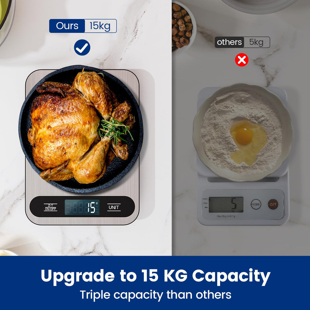 Digitale Küchenwaage, USB C Elektronik Küchenwaage, 15 kg Hochpräzise 1g/0.1oz Lebensmittelwaage, Pr