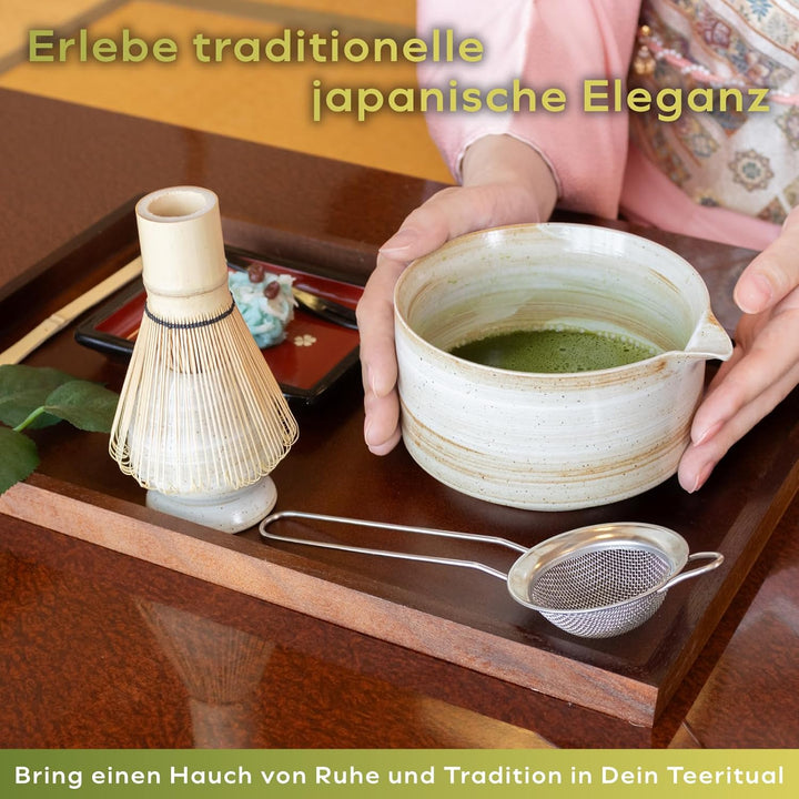 HIBINO Japanisches Matcha Set – Matcha Schale mit Ausguss, Matcha Besen & Halter, Bambus Löffel & Ed