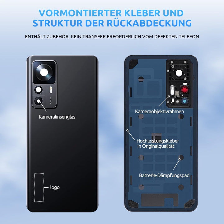 Eonpam Akkudeckel für Xiaomi 12T Rückseite Glas Original Backcover Back Glas Ersatz Reparatur Set mi
