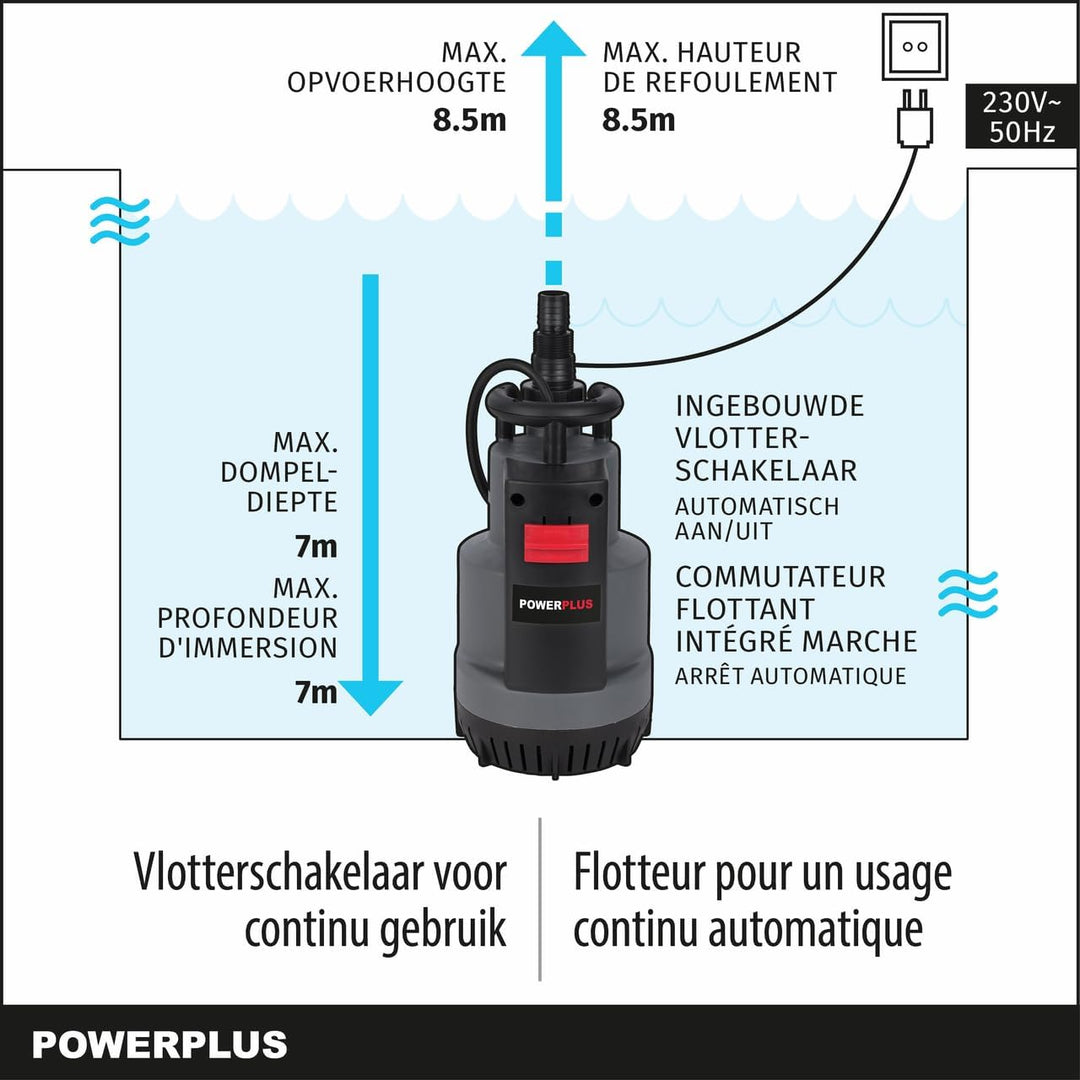 Powerplus Elektrische Wasserpumpe POWEW67920-750 W Tauchpumpe, Maximaltemperatur 35°C und Fördermeng