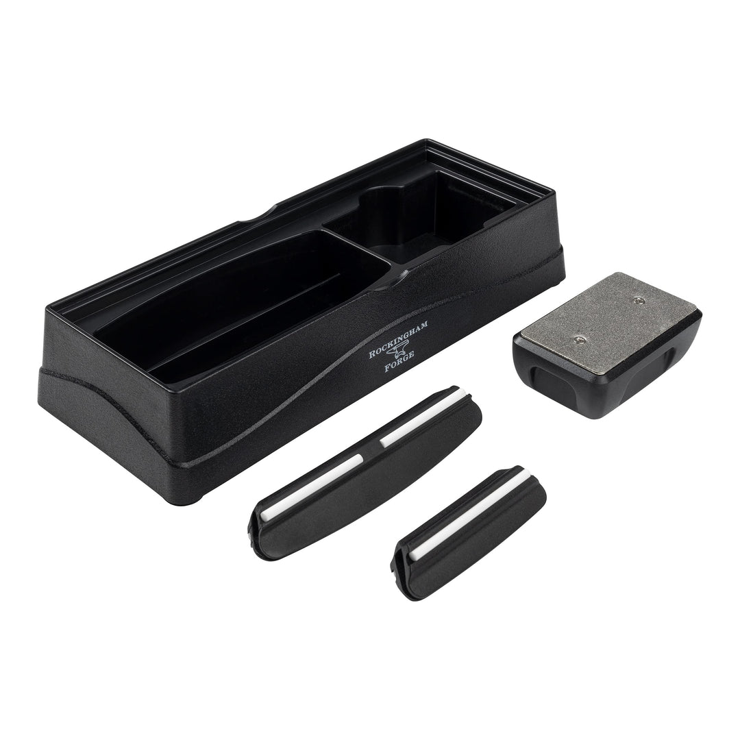 Rockingham Forge Schleifstein Set ohne Stein – 2 x Messerführungen, Etui & Steingleichmacher Set Sch