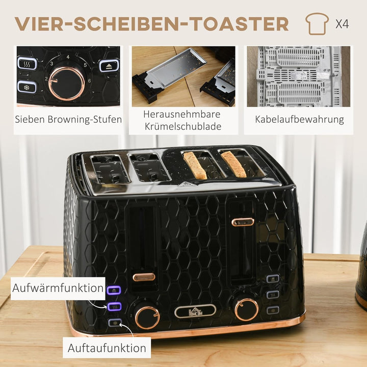 HOMCOM Wasserkocher Toaster Set 1,7L Wasserkocher 4 Toastscheiben Frühstücksset mit 7 Bräunungsstufe