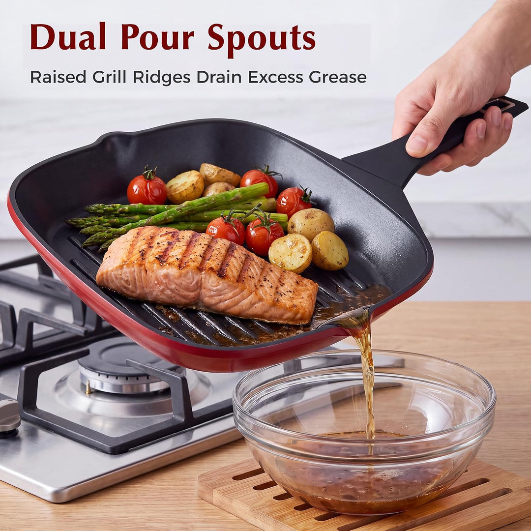 Grillpfanne 28 x 28 cm mit Ausguss, Steakpfanne quadratisch gerillt Antihaftbeschichtetes Aluminium,