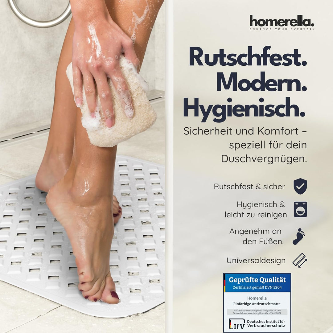Homerella Duschmatte rutschfest 53x53 cm Dusche - mit 2 Klebehaken Weiss | Fester Halt auf glatten D