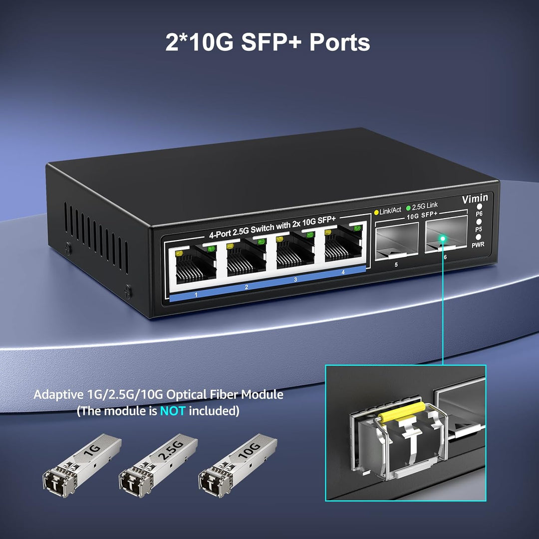 6 Port 2.5G Unmanaged Network Switch, VIMIN 4X 2.5Gbase-T Ports, 2X 10G SFP+ Port, 60Gbps Switching-