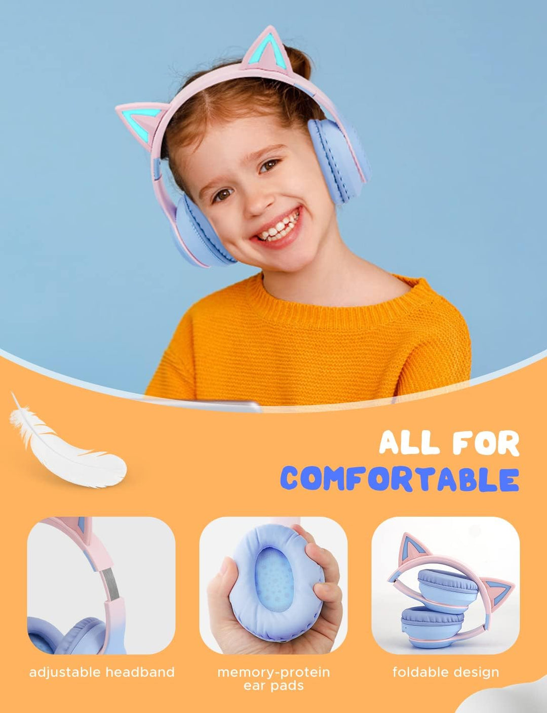 JYPS Kabellose Kinder Kopfhörer mit LED-Licht und Katzenohren für Mädchen, Bluetooth Kopfhörer Kinde