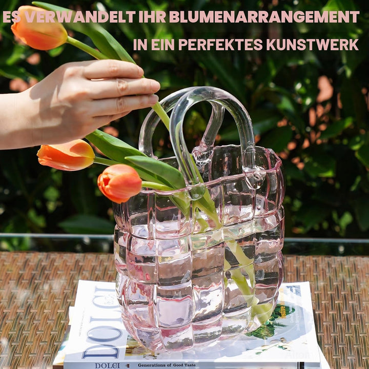 NiHome Glas-Geldbörsen-Vase, rosa Glas-Taschen-Vase mit Griff, Handtaschen-Form, Vase für Blumen, Ba
