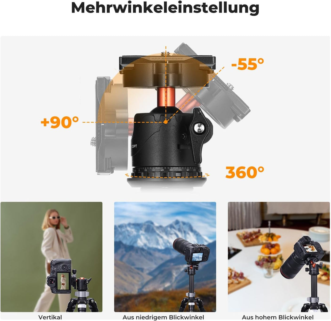 K&F Concept Kugelkopf Stativkopf, Kamera Kugelkopf mit 1/4 Zoll Schnellwechselplatte und Wasserwaage