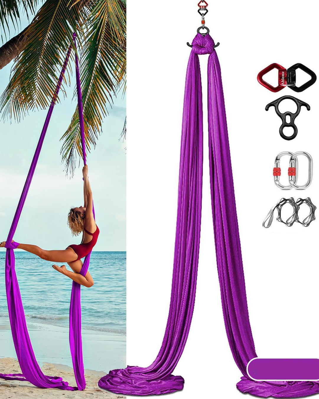 Aerial Yoga Tuch, 8 m, Vertikaltuch Set, inklusive Zubehör, dehnungsarme, hochwertige Stoffe Violett