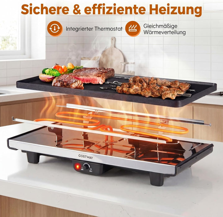 COSTWAY Raclette Grill für 8 Personen, elektrischer Grill mit 2-in-1 wendbarer Antihaft-Grillplatte