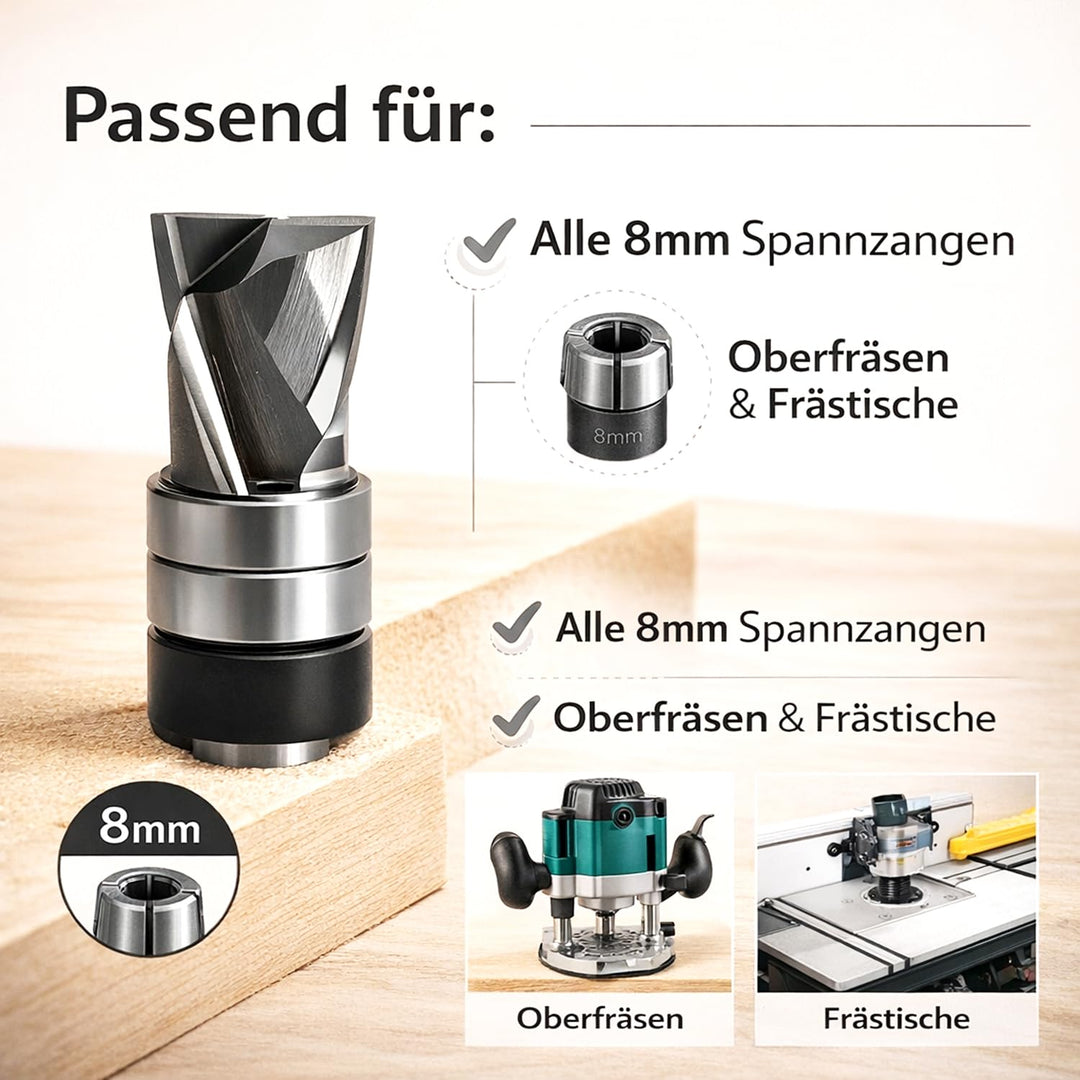 GLRYD Spiralfräser Bündigfräser 8mm Schaft, 12.7mm Schnittlänge, D=12mm, VHM Kompression Spiralnutfr