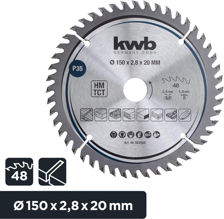 kwb Kreissägeblatt 150 x 20 mm, sehr feiner Schnitt, Sägeblatt geeignet für Arbeitsplatten, Holz und