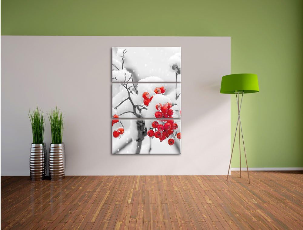 Pixxprint Rote Vogelbeeren im Winter 3-Teiler Leinwandbild 120x80 Bild auf Leinwand