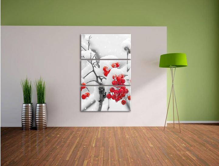 Pixxprint Rote Vogelbeeren im Winter 3-Teiler Leinwandbild 120x80 Bild auf Leinwand