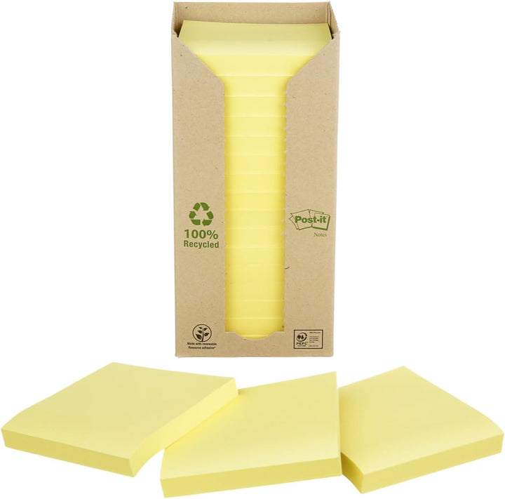 Post-it 654-1T Haftnotiz Recycling Notes Tower, 76 x 76 mm, 80 g, 100 Blatt, 16 Block, gelb 76 x 76