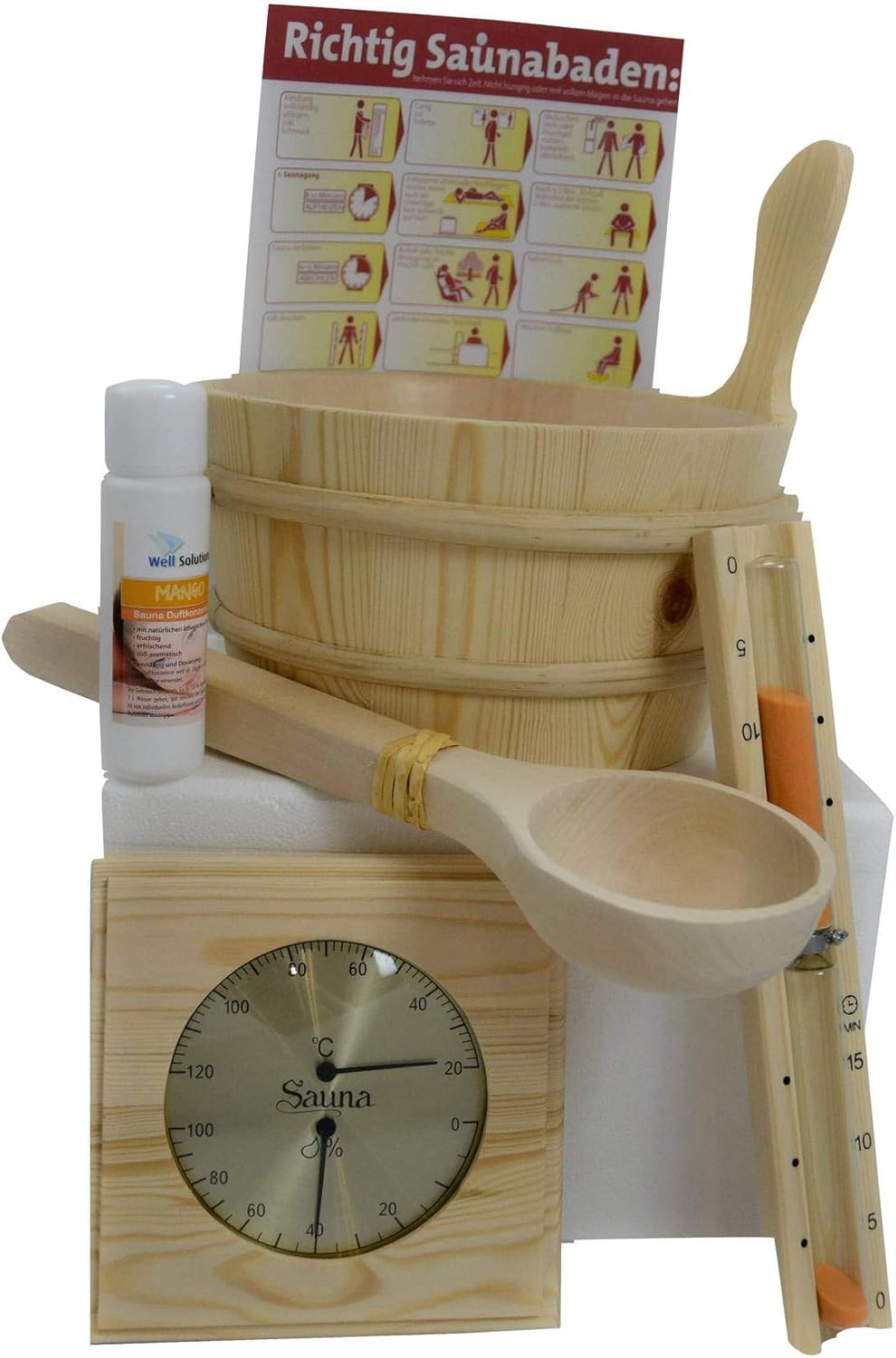 SAUNA SET 7tlg: Kübel ca. 4 Liter, Kunstoffeinsatz, Kelle, Sanduhr, Thermo-/Hygrometer mit Holzrahme