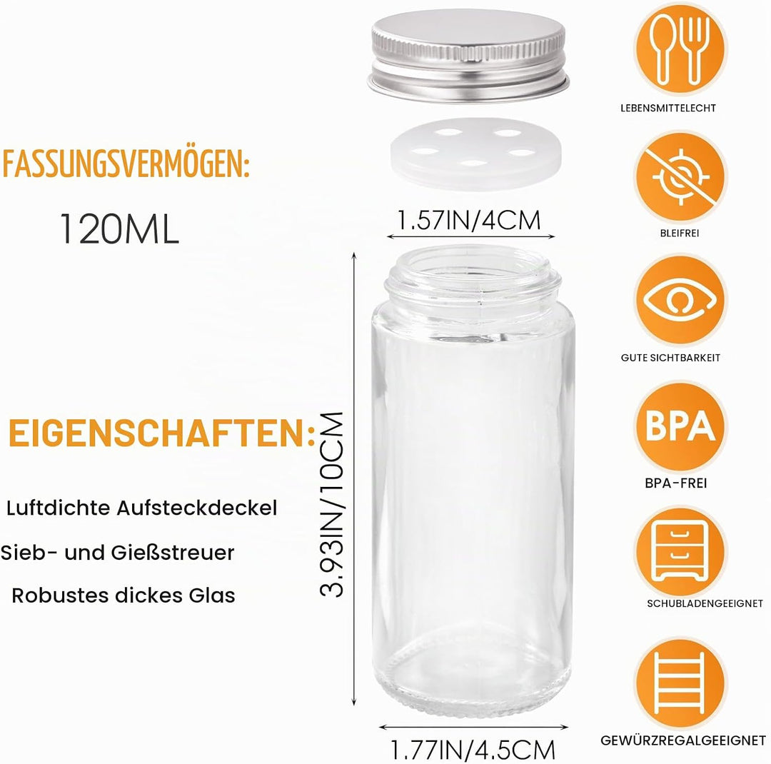 24er Gewürzgläser Rund Set mit Streueinsatz, 120ml Gewürzdosen Glas, Gewürzbehälter Spice Jars, Gewü