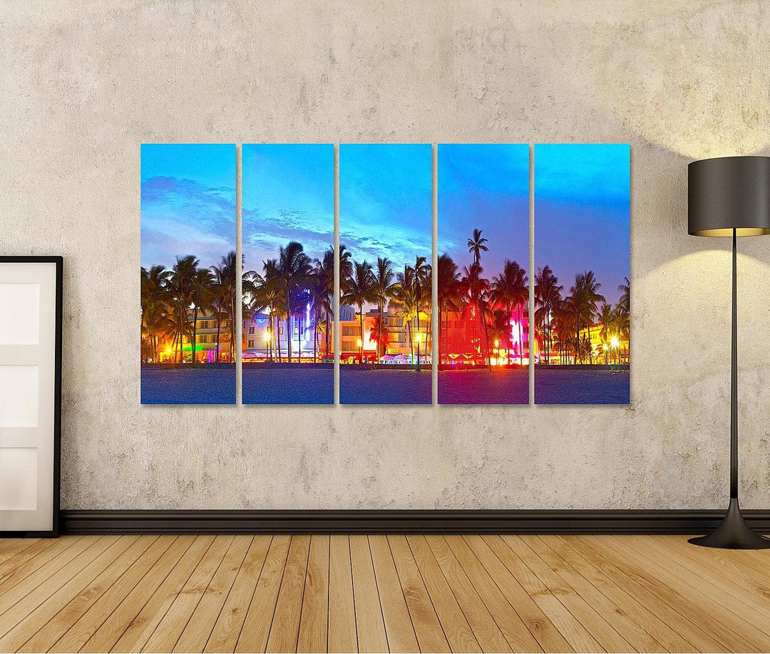 islandburner Bild auf Leinwand Miami Beach Florida Ocean Drive Palmen Bunte Lichter Bilder Wandbilde