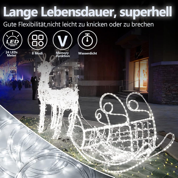 Herrselsam 40M 960 LEDS Lichterschlauch Aussen Weiss Lichtschlauch 8 Modi mit Memory-Funktion LED Li