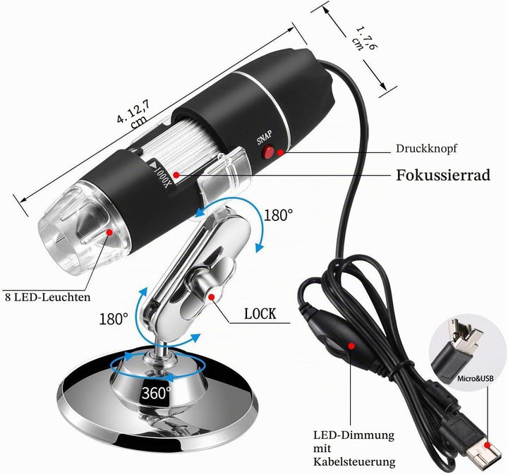 Jiusion 40-1000x Vergrösserung Endoskop, 8 LED USB 2.0 Digital Mikroskop, Mini Kamera mit OTG Adapte