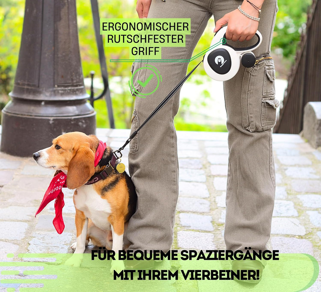 Snuggle Paws Ausziehbare Hundeleine 5m – Kompakt & Leicht: LED-Lampe, Integrierter Kotbeutelspender,