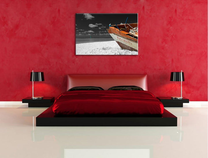 beeindruckendes Boot am Strand schwarz/weiss auf Leinwand, XXL riesige Bilder fertig gerahmt mit Kei