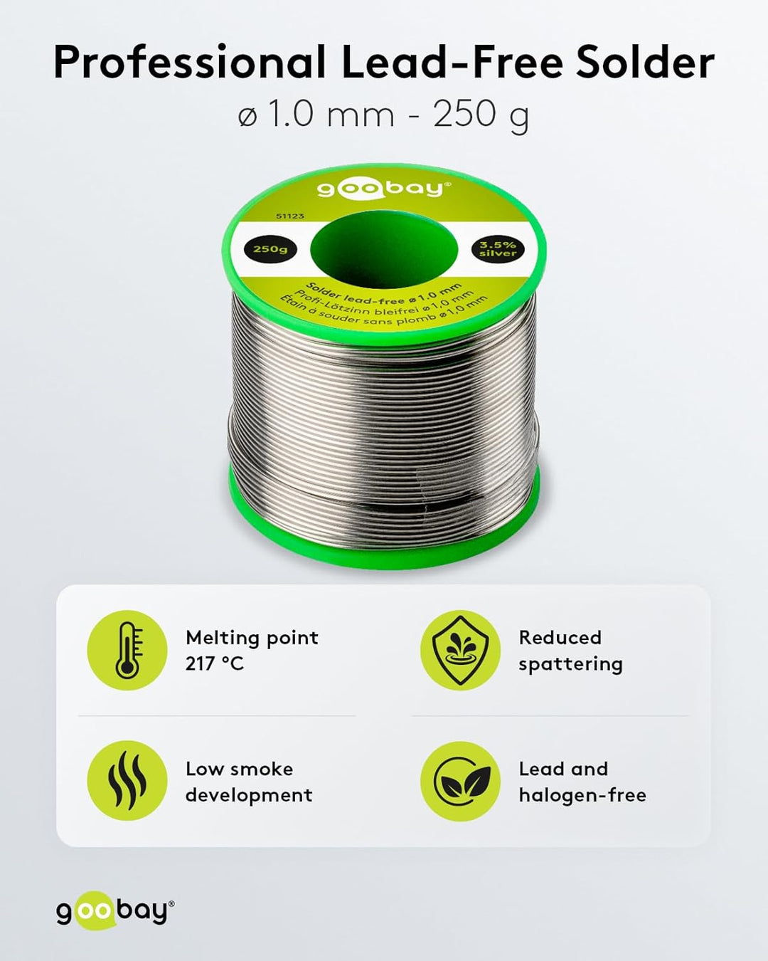 Goobay 51123 Lötzinn bleifrei ø 1mm Lötdraht mit Flussmittel, 3.5 % Silber & 0.7 % Kupfer, 217 °C Sc