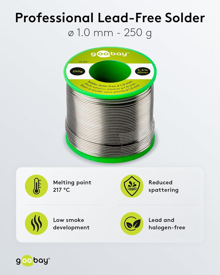 Goobay 51123 Lötzinn bleifrei ø 1mm Lötdraht mit Flussmittel, 3.5 % Silber & 0.7 % Kupfer, 217 °C Sc