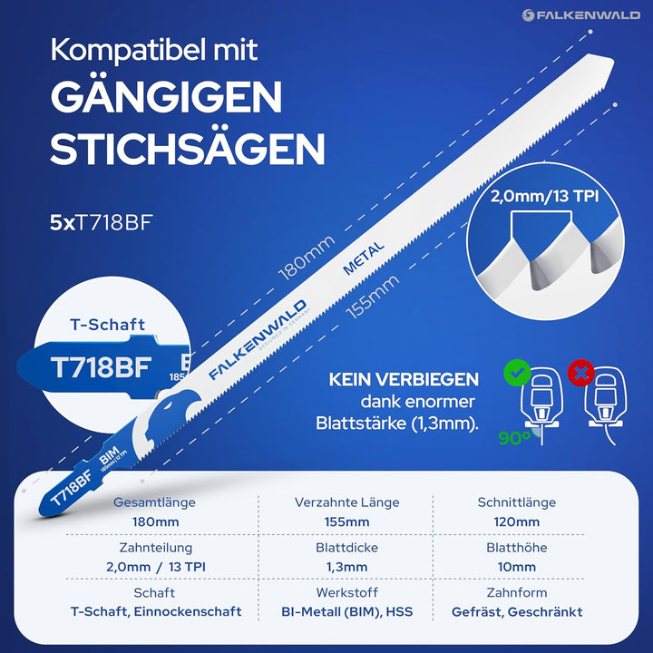 FALKENWALD® Stichsägeblätter Metall 5x T718BF – Extra lange Sägeblätter 180mm für Metall, Kunststoff
