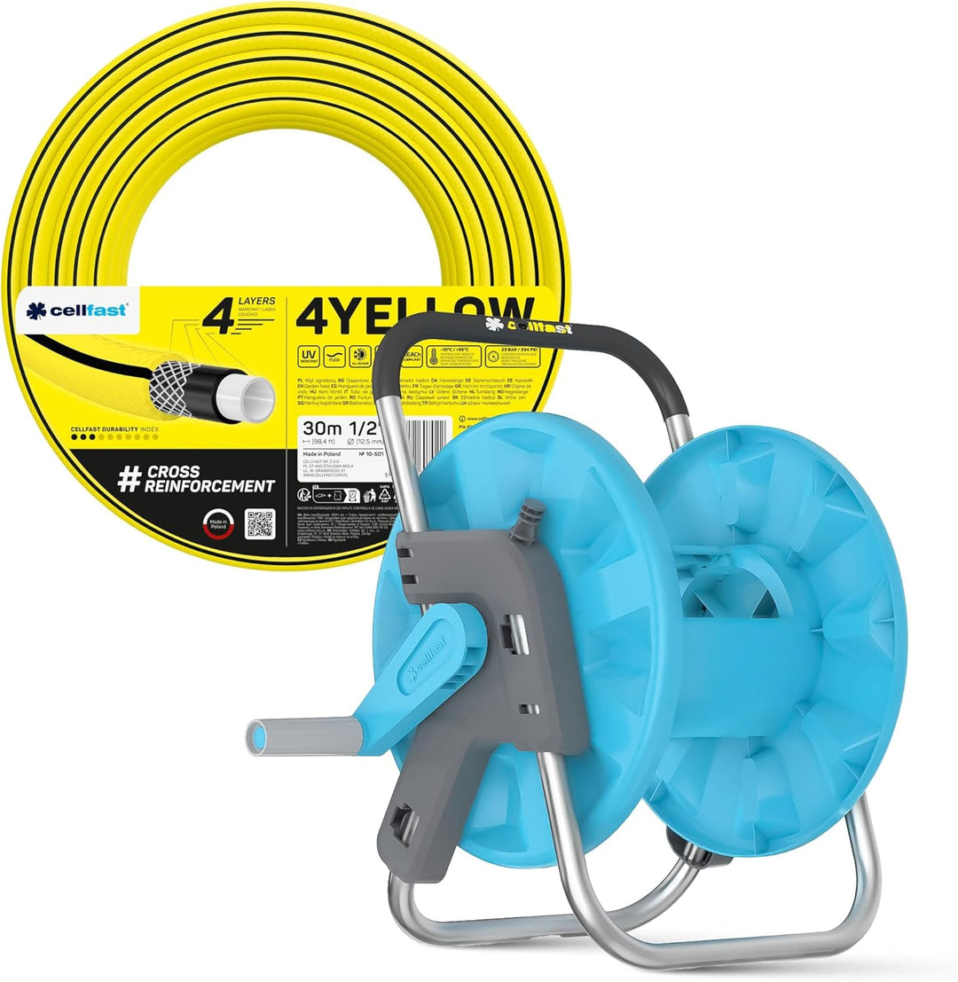 GARTENSCHLAUCH SCHLAUCHTROMMEL 1/2" 30M MIT GARTENBRAUSE & KUPPLUNG ANSCHLUSS SET CELLFAST 4YELLOW T
