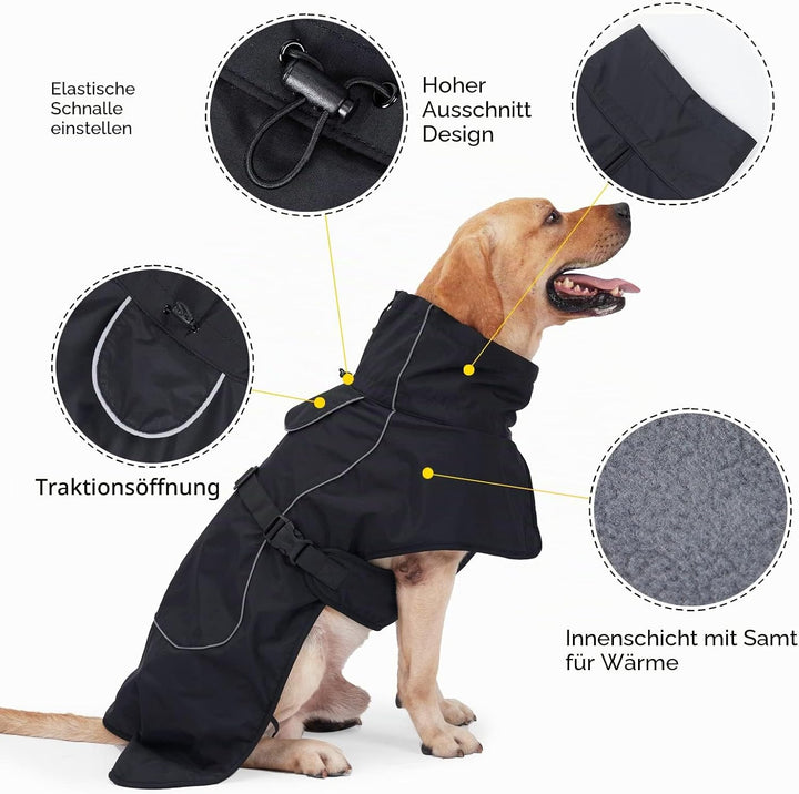 Wasserdichter Hundemantel mit Fleecefutter - Winddichter Wintermantel &amp; Regenjacke mit Reflektorstre