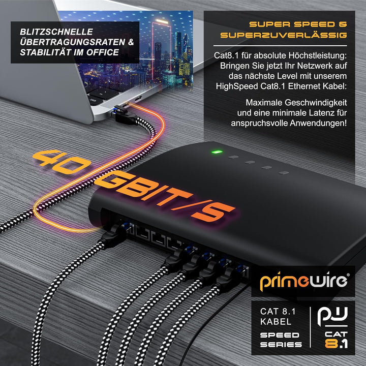 CSL - 10m Netzwerkkabel CAT 8 - LAN Kabel Patchkabel - Baumwollmantel - CAT8.1 High Speed Gigabit Et