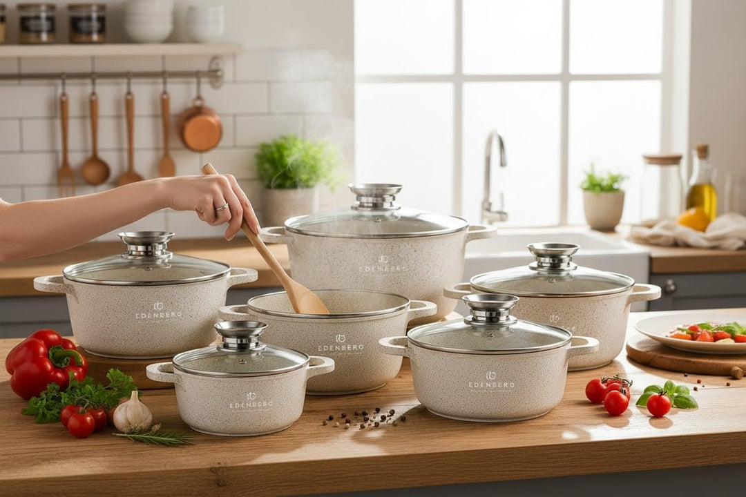 Beige Töpfe mit Marmor-Keramik-Beschichtung 12-tlg Induktion | induktions Töpfe Set, Kochtöpfe, Töpf