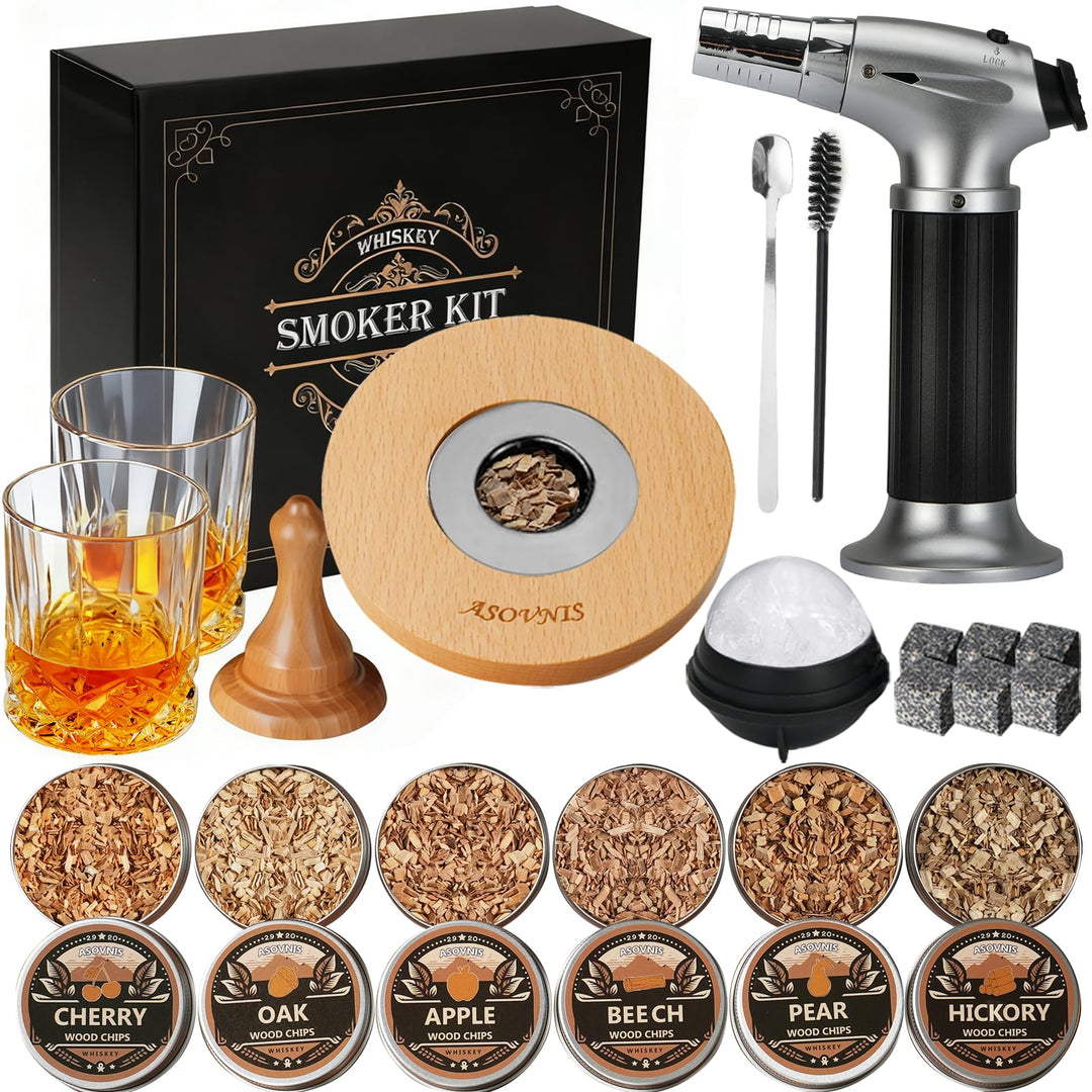 Whisky-Räucherset mit Fackel-6 Geschmacksrichtungen, Holzspäne, 2 Gläser, 6 Whiskysteine, Cocktail-R
