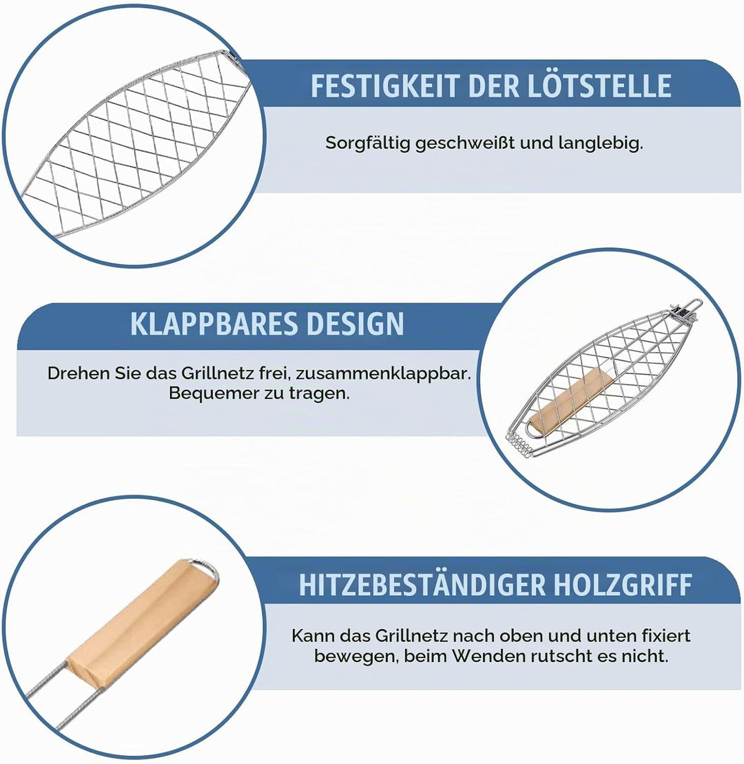 Fisch Grillhalter mit Holzgriff 3er, 63x12cm Grosse Fischbräter Fischgriller mit Griff aus Metall, G