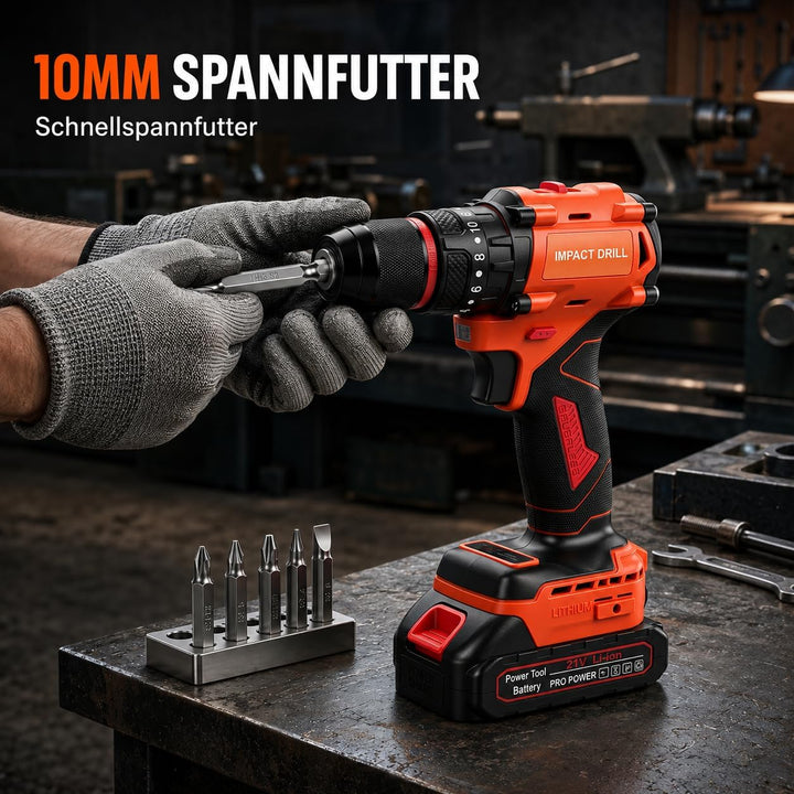 Akkuschrauber Set 21V, Bürstenloser Akku Bohrschrauber | Mit 2×1,5Ah Akkus, 45–50 Nm, 21+1 Drehmomen