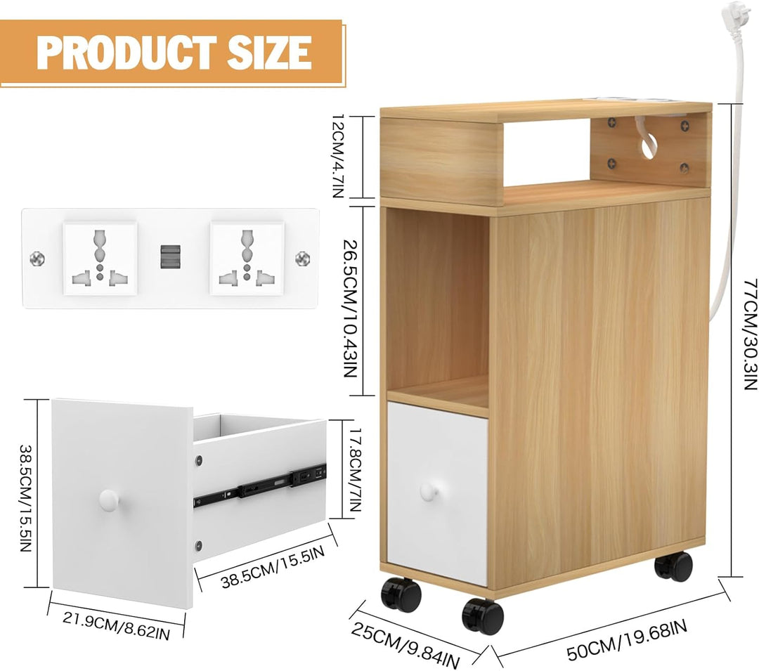 Lvhecforhm 2er Set Schmal Nachttisch mit Rollen, Schmaler Kleiner Nachtschrank im Schlafzimmer Platz