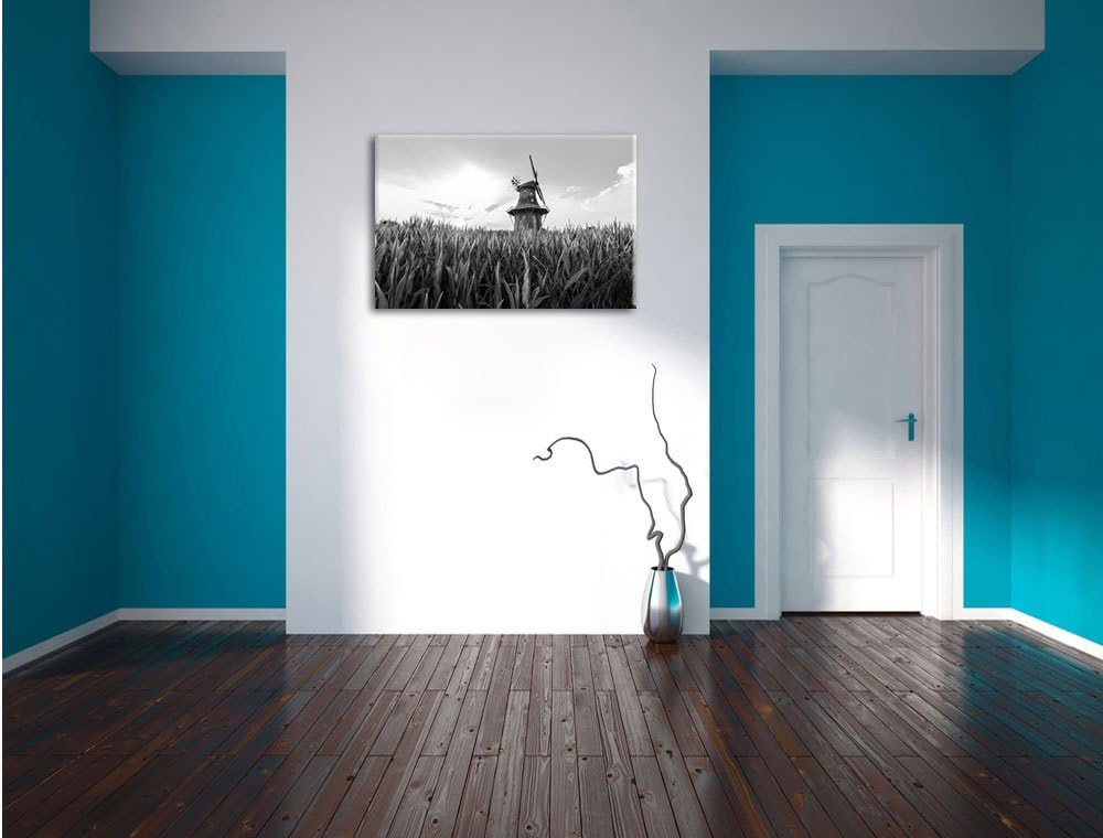 Pixxprint Windmühle auf dem Feld / 100x70cm Leinwandbild bespannt auf Holzrahmen/Wandbild Kunstdruck