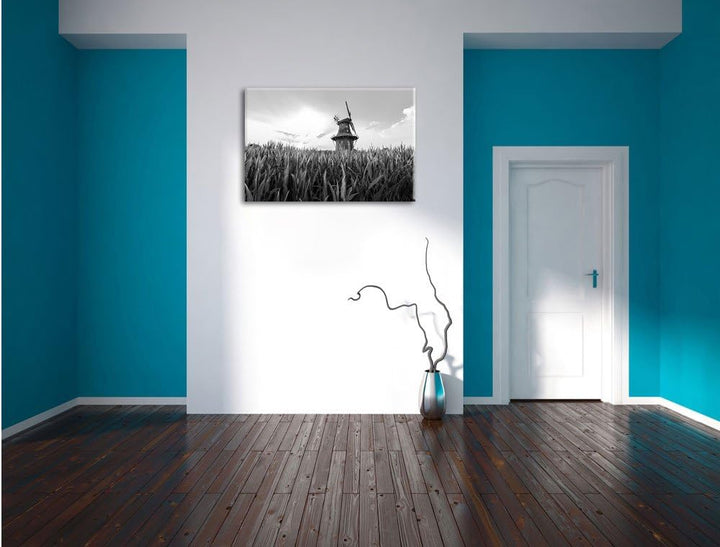 Pixxprint Windmühle auf dem Feld / 100x70cm Leinwandbild bespannt auf Holzrahmen/Wandbild Kunstdruck